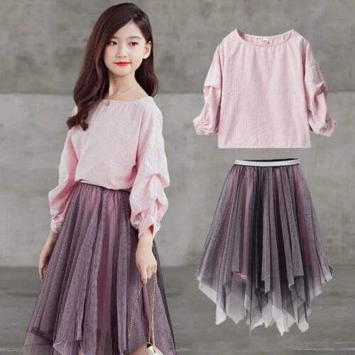 2 Piece Girls Skirt Shirt Set Long Sleeve Candy Color Blouse Loose Mesh Hem Skirts 2 Pcs Clothing Suit For Kids Children Clothes