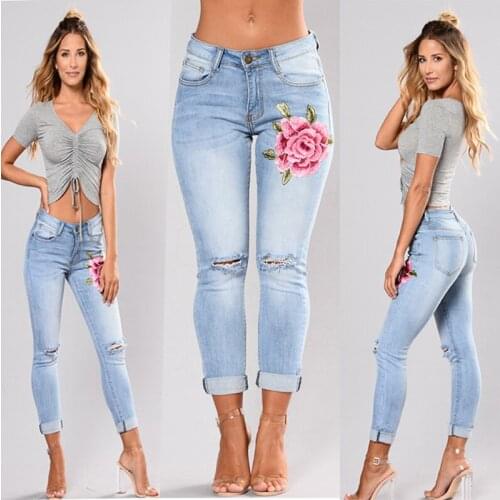 Women Stretch High Waist Skinny Embroidery Jeans Without Female Woman Floral Holes Denim Pants Trousers Jeans Pencil Pants