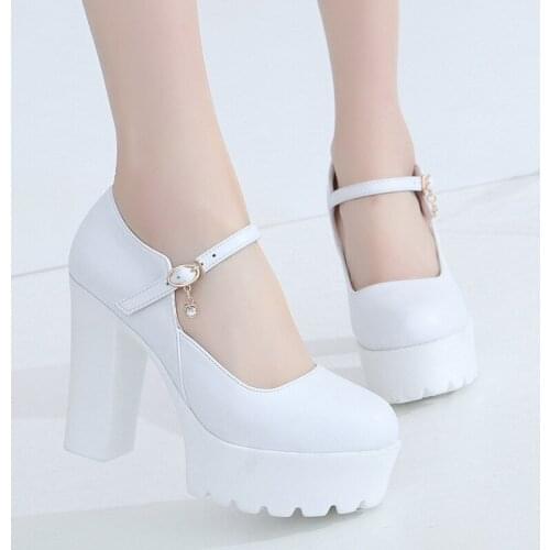 2019 new high-heeled platform womens shoes shallow mouth T-stage catwalk model single shoes pointed thick with white work shoes
