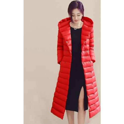 Hot down jacket woman hooded Coat Duck Downs hat Parkas Sashes Long Down Coat Ladies Ultra Light Outerwear Hoode Coats Plus Size