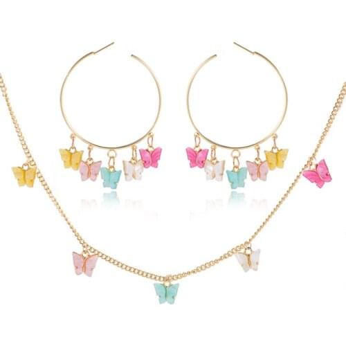 2020 New Fashion Women Two Piece Acrylic Butterfly Set Necklace Set Stud Set for Girls Girl for Women Trend Jewelry