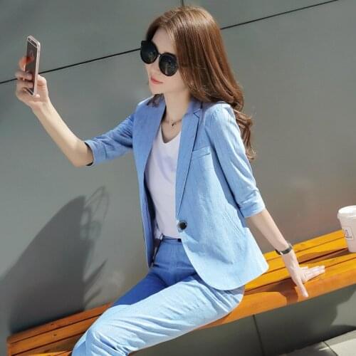 Set female 2019autumn new temperament fashion striped small suit jacket loose professional casual + nine pants elegant two-piece