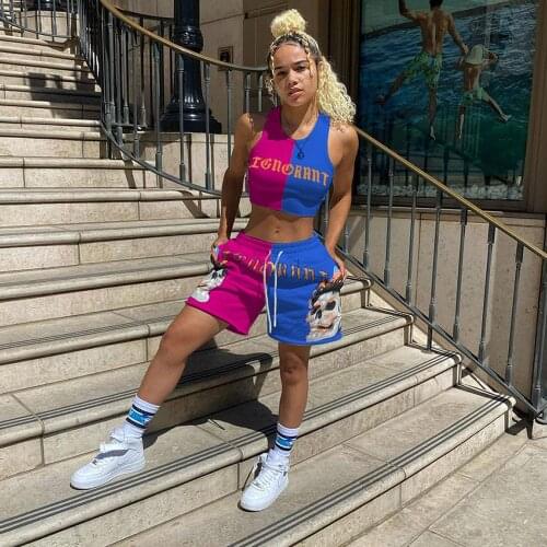 Color Block Letter Skull Print Womens Sport Suit Hip Hop Bandage Tank Top+drawstring Biker Short Summer Casual Athleisure Sets