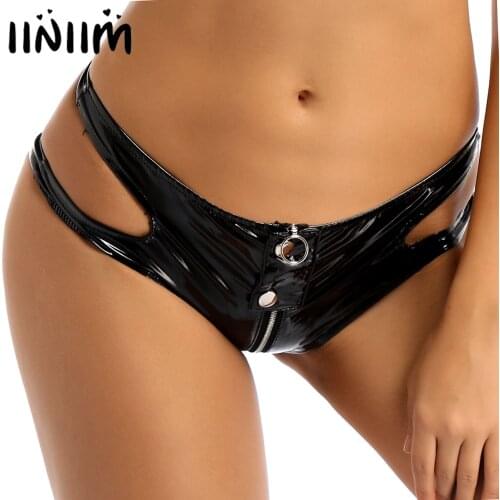 Iiniim Black Womens Femme Latex Panties Leather Underwear Zipper Crotch Shiny Briefs Nightwear Sexy Party Low-waisted Underpants