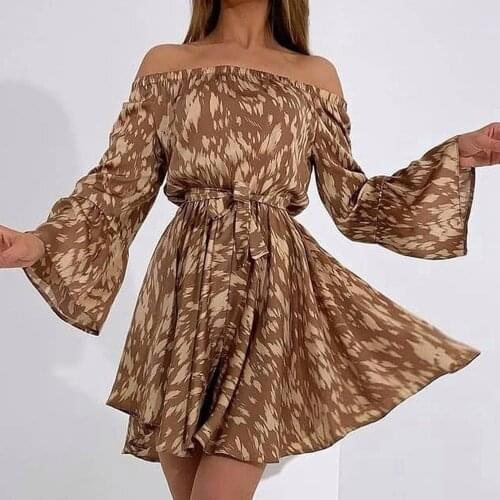 Summer Sexy Off Shoulder Print Mini Dress Women Fall Casual Long Sleeve Lace Up Club Dresses 2021 White Elegant Loose Robe Femme