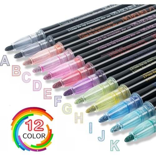 12PCS/Set Metal Paint Marker Pen DIY Album Scrapbooking Outline Marker Glitter for Drawing Painting Doodling School Art Supplies