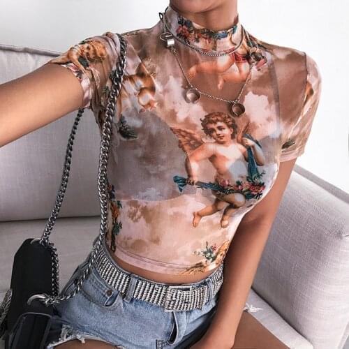 Cute Angel Print Fashion Women Clothes Stand Collar Long Sleeve Tops Mesh Tshirts Perspective Sheer Fishnet T-Shirt QH193