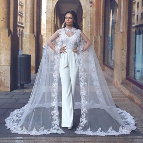 GY Lace Applique Bridal Gowns Long Sleeves Robe De Soirée De Mariage Cut Out Arabic Jumpsuit Wedding Dresses With Wrap