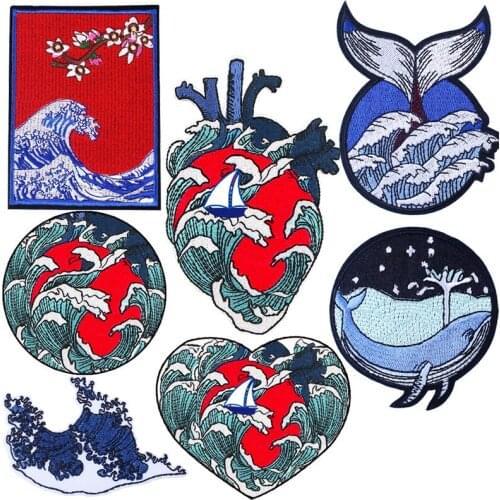 Art Patch Iron On Applique Sea Wave Patches For Clothing Kanagawa Stickers Explore Nature Mountain Embroidery Badge Tshirt Decro