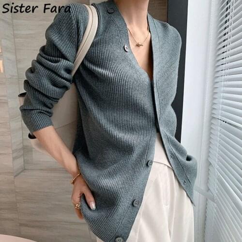 Sister Fara Autumn Full Sleeve Ladies Solid Sweaters Women Knitwear Casual V-neck Single-breasted Female Knit Cardigans Spring