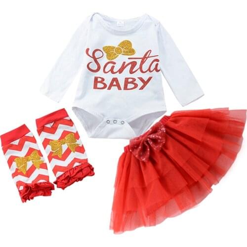 Christmas Infant Baby Girls Letter Printing Outfits Sets Fashion Long Sleeve Romper Ruched Skirt Leg Warmers 3pcs Clothes Suits