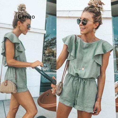 Playsuits Women Summer Elegant Jumpsuit Short Cotton Linen Casual Ruffles Elastic Waist Sexy Rompers Overall Mono Mujer