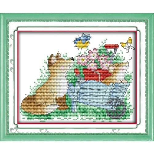 The dogs and butterfly cross stitch kit 18ct 14ct 11ct count printed canvas stitching embroidery DIY handmade needlework