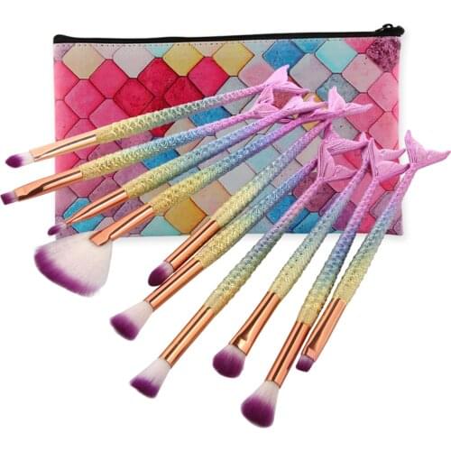 Professional 10 PCS Mermaid Makeup Brushes Set Foundation Blending Powder Eyeshadow Contour Concealer Blush Cosmetic Makeup Tool