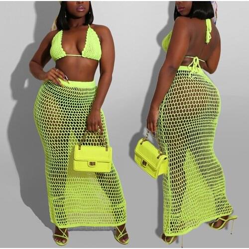 OMSJ Fluorescent Color Sexy Bra Top+ Long Skirt Beachwear Fishnet Knitted Two Piece Set Women Summer Elegant Outfit 2020 Clothes