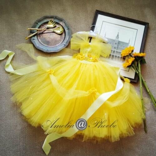 Princess Belle Tutu Dress with Flower Belt for Wedding Party Cosplay Beauty and The Beast Yellow Flower Girl Tutu Dresses