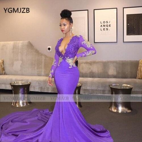 Sexy Lilac Mermaid Prom Dress 2020 Deep V Neck Long Sleeve Lace Appliques Evening Gowns Women Formal Prom Gown Party Dress