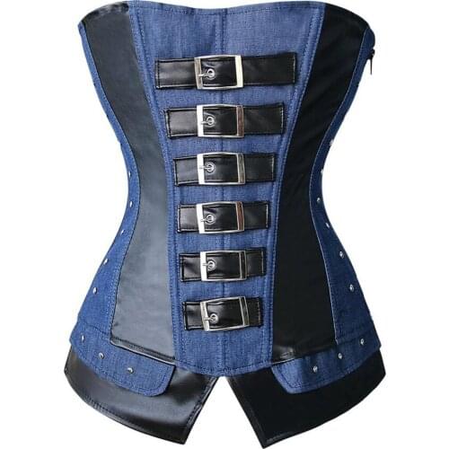 Sexy Womens Gothic Steampunk Overbust Corset Faux Leather and Denim Jean Bustiers Top zipper side Plus Size S-2XL