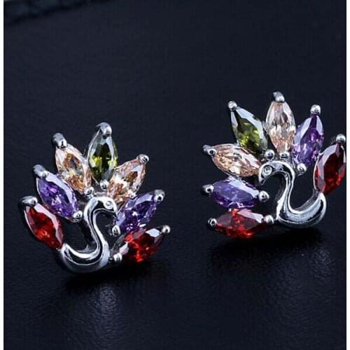 Chic Design Peacock Stud Earring Fashion Color Zircon Crystal Animal Earring