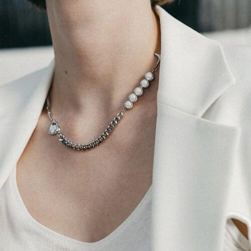 Rhinestone Cross Imitation Pearls Asymmetric Stitching Necklace for Women Clavicle Chain Silver Color Short Necklace Simple New