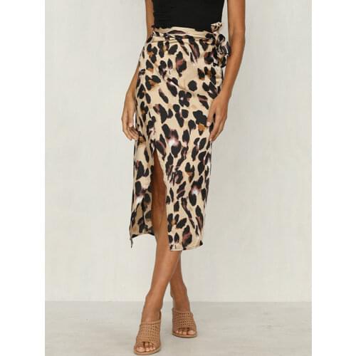 New Fashion Women Leopard Skirt Slim Wrap Asymmetric Bandage Lace Up Side Split Gypsy Drape Bodycon Midi Skirts Bottom