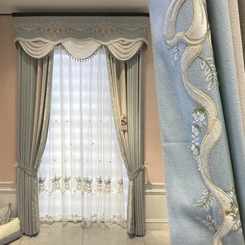 Custom curtain High quality French blue Embroider chenille Splicing livingroom thick blackout curtain valance tulle panel M1144
