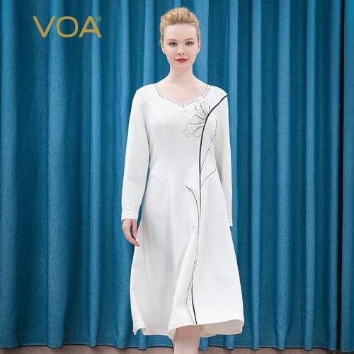 VOA Silk Womens Clothing 2021 Organza Stitching Black Arch Needle Long Sleeve Midi Spring White Party Dresses for Women AE166
