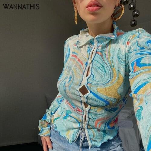 WannaThis Y2K Paisley Print Cropped Shirts Women Long Sleeve Stand Collar Hollow Out Slim Sexy Tee Woman Clothes 2021 Beach Tops