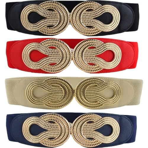 Women Vintage Chinese Knot Buckle Stretchy Belt Faux Leather Elastic Waist Band BLTHG0353