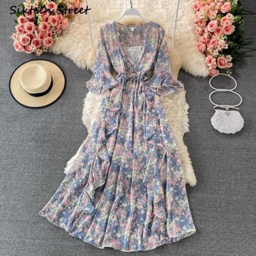 Maxi Dresses for Women Sexy Dress V Neck Chiffon Ruffles Korean Vestido De Mujer Vintage Y2k Clothing Women High Quality Elegant