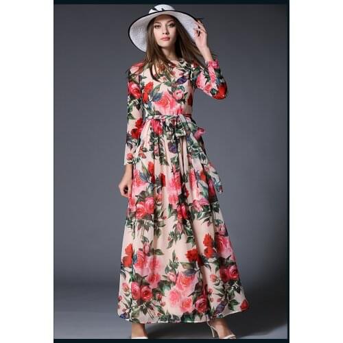 Womens European fashion spring summer long sleeve rose print chiffon dress female high waist slim chic long dress TB917
