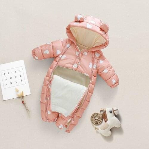2020 Winter Baby Snowsuit Print Newborn Hooded Plus Velvet Warm Rompers Toddler Baby Boy Jumpsuit Infant Winter Overall Coat
