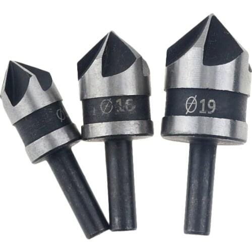 3PCS carbon steel 90 degrees round shank five-edge chamfer 12mm 16mm 19mm countersink woodworking hole opene Punching