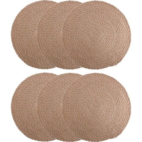 6Pcs Linen Woven Placemats, Round Woven Dining Table Mats, Natural Grass Weave Placemats Handmade, Coaster Mat