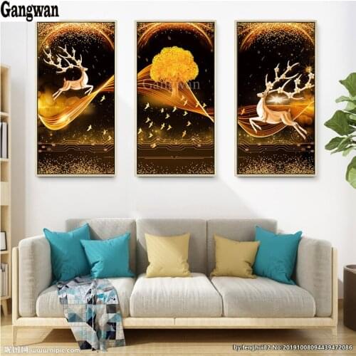 3 pcs 5D Diamond Painting Golden money tree deer abstract painting Cross Stitch kit Full Square round Diamond Embroidery Mosaic