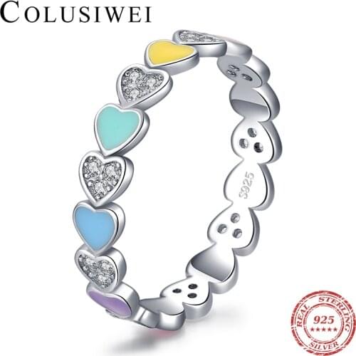 Colusiwei Authentic 925 Sterling Silver Stackable Rainbow Heart Finger Rings for Women Wedding Engagement Ring Jewelry Anel