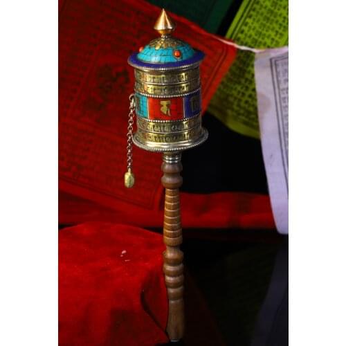 12"Tibet Temple Collection Old Bronze mosaic turquoise gem Prayer wheel Scripture inside pagoda Dharma Town House Exorcism