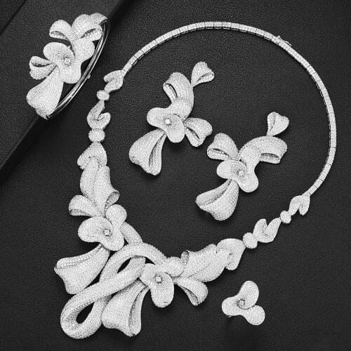 LARRAURI 2020 Luxury Women Wedding Jewelry Sets Nigerian CZ Flower Collar Necklace Dangle Earrings Bangle Ring Jewelry Sets