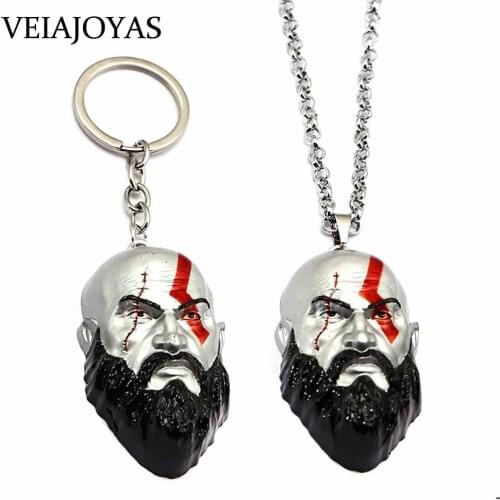 Hot Game God Of War Hero Kratos 3D Head Alloy Pendants Necklace Charms Car Key chain Holder Choker Women Men Jewelry Accessories