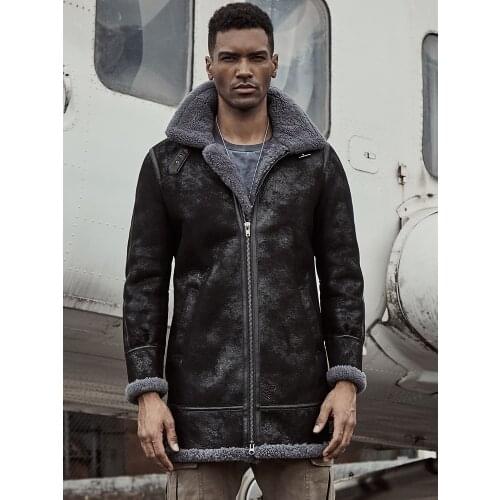 Mens Fur Shearling Sheepskin Genuine Leather Long Fur Coat Jacket Mans Thick Winter Warm Coat Aviator Coat Outerwear Trench