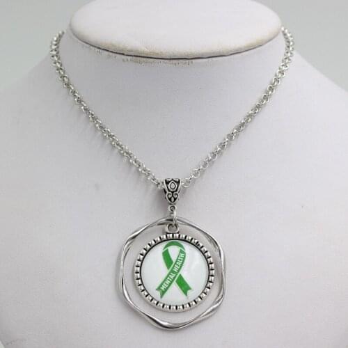 New Arrival Cancer Awareness Jewelry Cabochon Necklace Green Ribbon Mental Health Awareness Pendant Necklace Jewellery