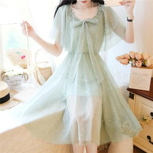 SWEETXUE Fairy Temperament Dress Womens Round Neck Beaded Sequin Mesh Dress Fashion Party Dresses Ladies