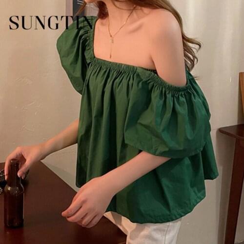 Sungtin Summer Sexy Off Shoulder Blouses Women Korean Fashion Puff Sleeve Shirt Blouses Slim Waist Tops White Party 2021