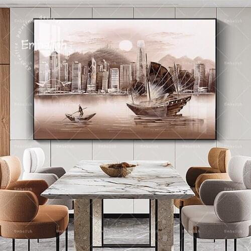 Embelish Free Shipping Victoria Harbor, Hong Kong Landscape HD Wall Posters For Living Room Home Decor Canvas Painting Artworks