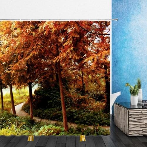 Landscape Forest Red Maple Leaf Shower Curtains Natural Scenery Bathroom Home Decor Waterproof Polyester Bathtub Curtain Set