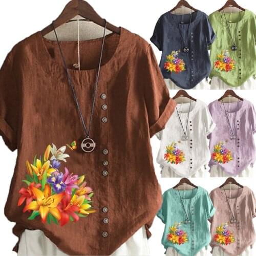 Womens Summer New Fashion Casual Round Neck Short Sleeve T-shirt Flowers Printing Linen Shirt Tops Loose Blouse S-5XL