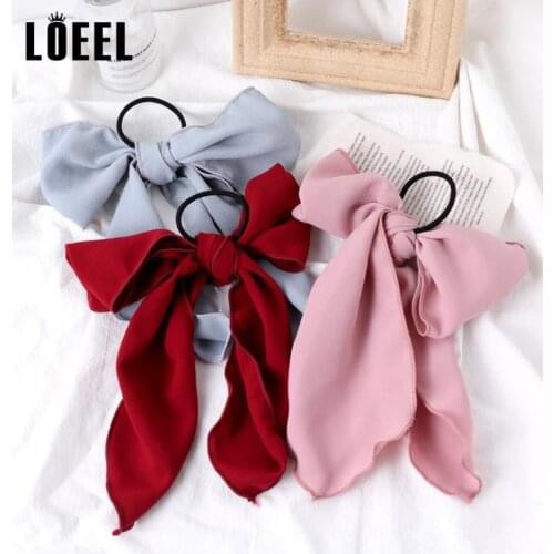 LOEEL Women Girls Rabbit Ear Scrunchie Headbands Solid Color Big Bow Hair Ties Chiffon Ribbon Bowknot Rubber Band Hair Ornaments