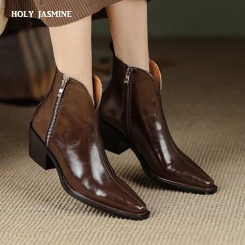 2022 New Genuine Leather Shoes Women Chelsea Boots Thick High Heels Small Pointed Toe Autumn Winter Ankle Boots Modern Boots