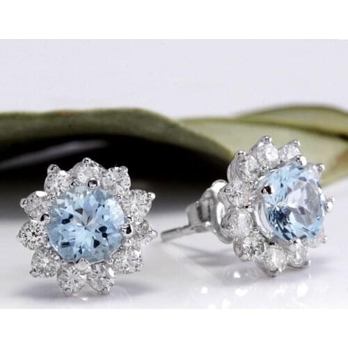 Classic Sky Blue Round Cut Zircon Stud Earrings For women Fashion Crystal Flower Ear studs For Women Elegant Wedding Jewelry