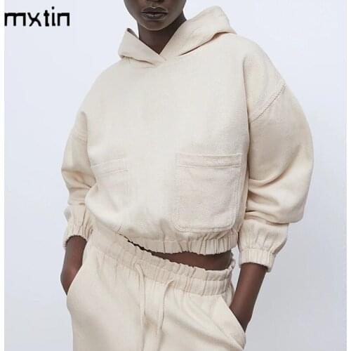 2021 Women Spring Fashion Pocket Loose Hoodies Sweatshirts Vintage Elastic Waist Long Sleeve Harajuku Female Pullovers Tops